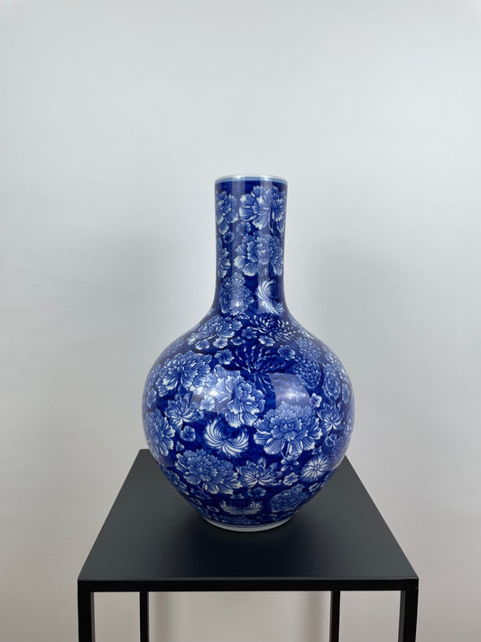 Porzellanvase, handbemalt, blau, 34cm